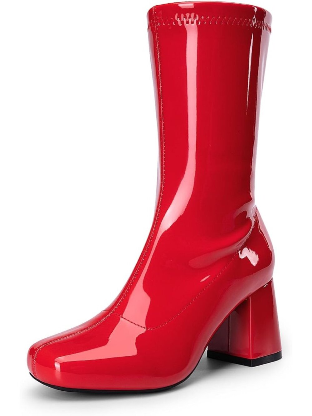 DREAM PAIRS Women's Red Low Block Heel Zipper Ankle Mid Calf Gogo Boot Shoes